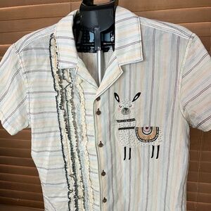 El Tuggle Palm Springs Tuxedo Ruffle SS Shirt w/Embroidered Llama LARGE